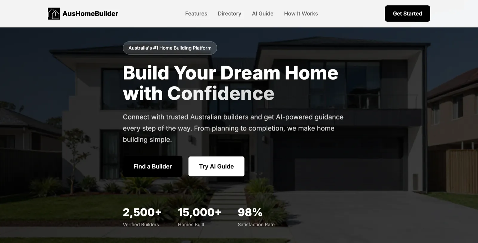 AusHomeBuilder homepage screenshot — AI guidance + verified builders for Australian home builds