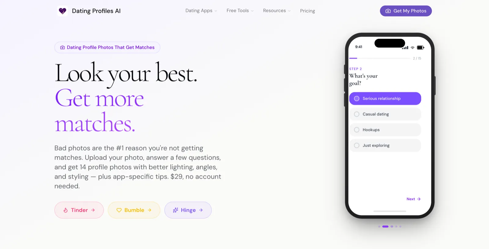Dating Profiles AI homepage screenshot — Better photos, more matches, one payment